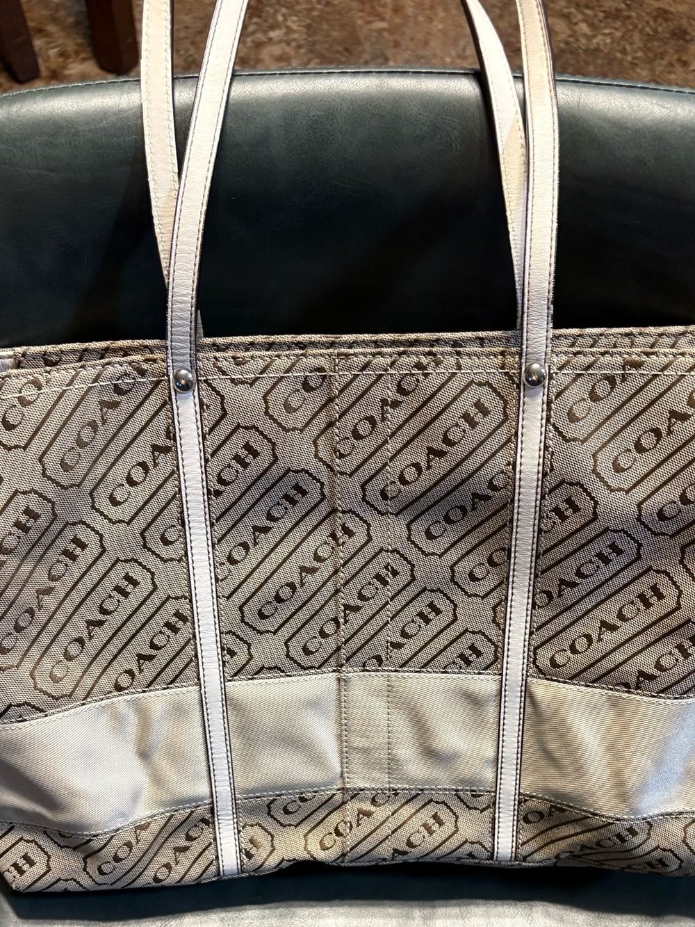 Coach Logo Print Canvas Tote in Beige and Brown Trim